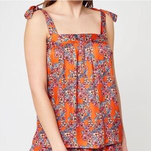 FRNCH Vera Top Gigliola Print Orange Floral Tie Italian Made Feminine Romantic S